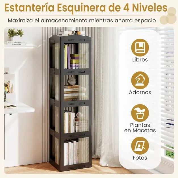 Estante com base giratória giratória 360° com 4 níveis em Plástico dobrável 36,5 x 36 x 141,5 cm com prateleiras Preta