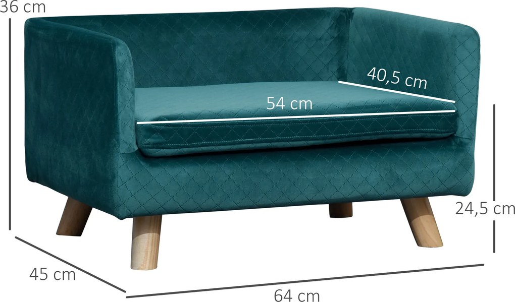 Sofá-cama para cães com design escandinavo, almofada macia e pés em madeira maciça; dimensões: 64 x 45 x 36 cm; veludo azul-pato