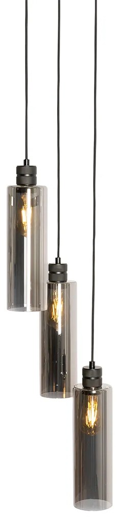 Candeeiro de suspensão moderno preto com vidro fumado 3 luzes - Stavelot