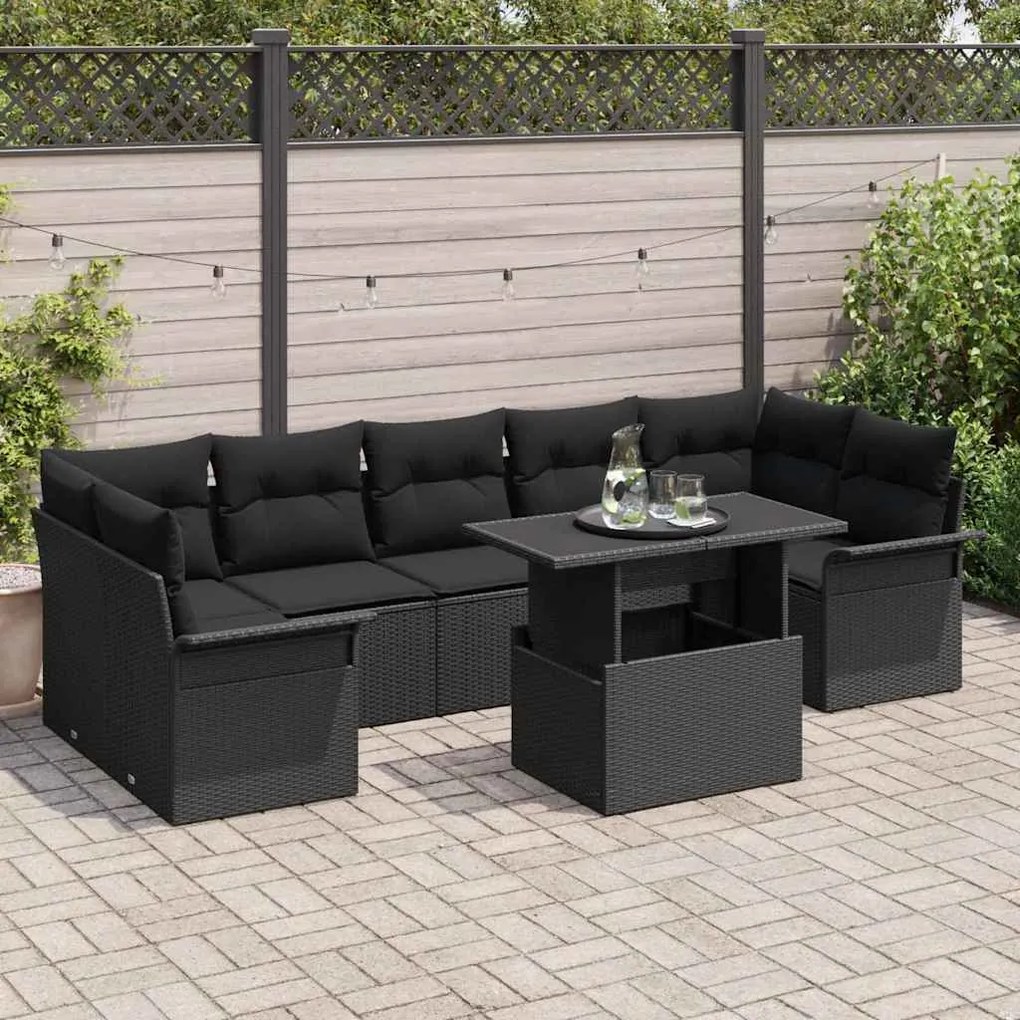 vidaXL Conjunto de sofá de jardim de 8 peças com almofadas, ratan preto sintético.