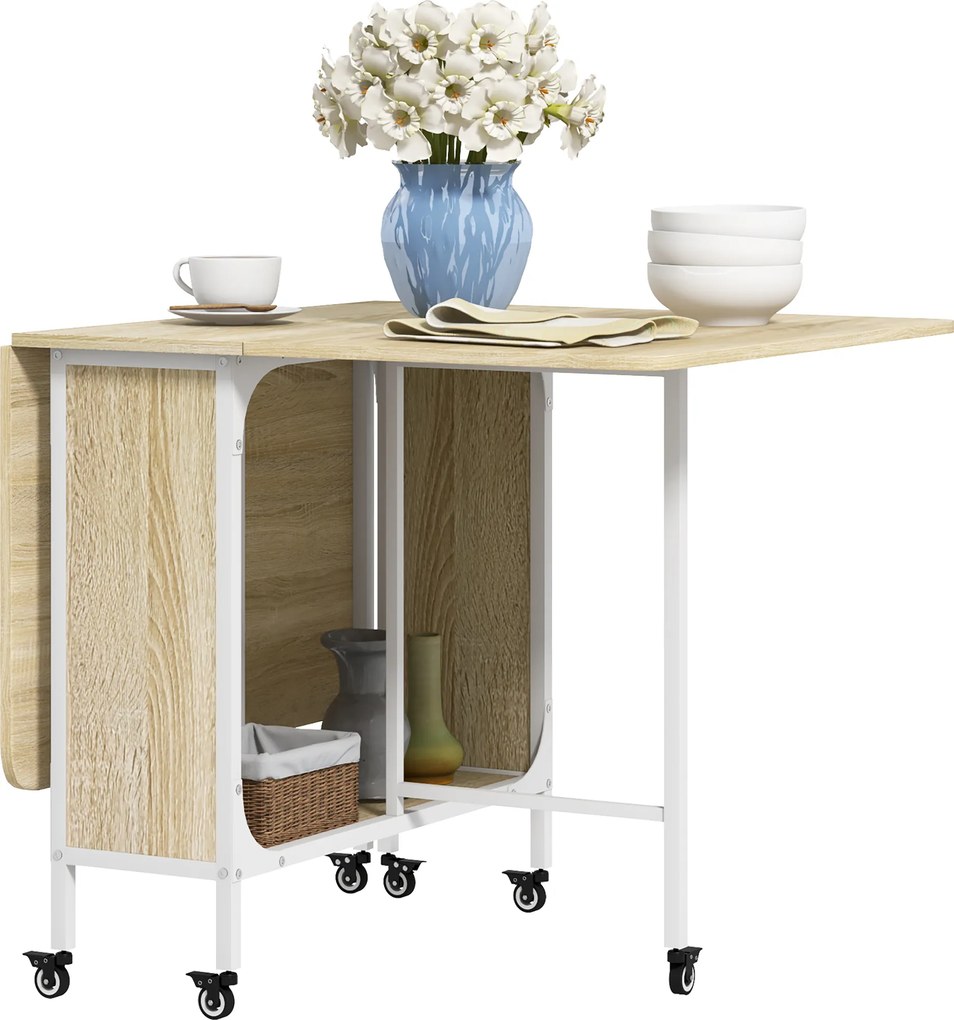 Mesa de Cozinha Dobrável Mesa de Refeição Dobrável com Rodas Laterais Abatíveis e Prateleira 130x80x74 cm Madeira e Branco