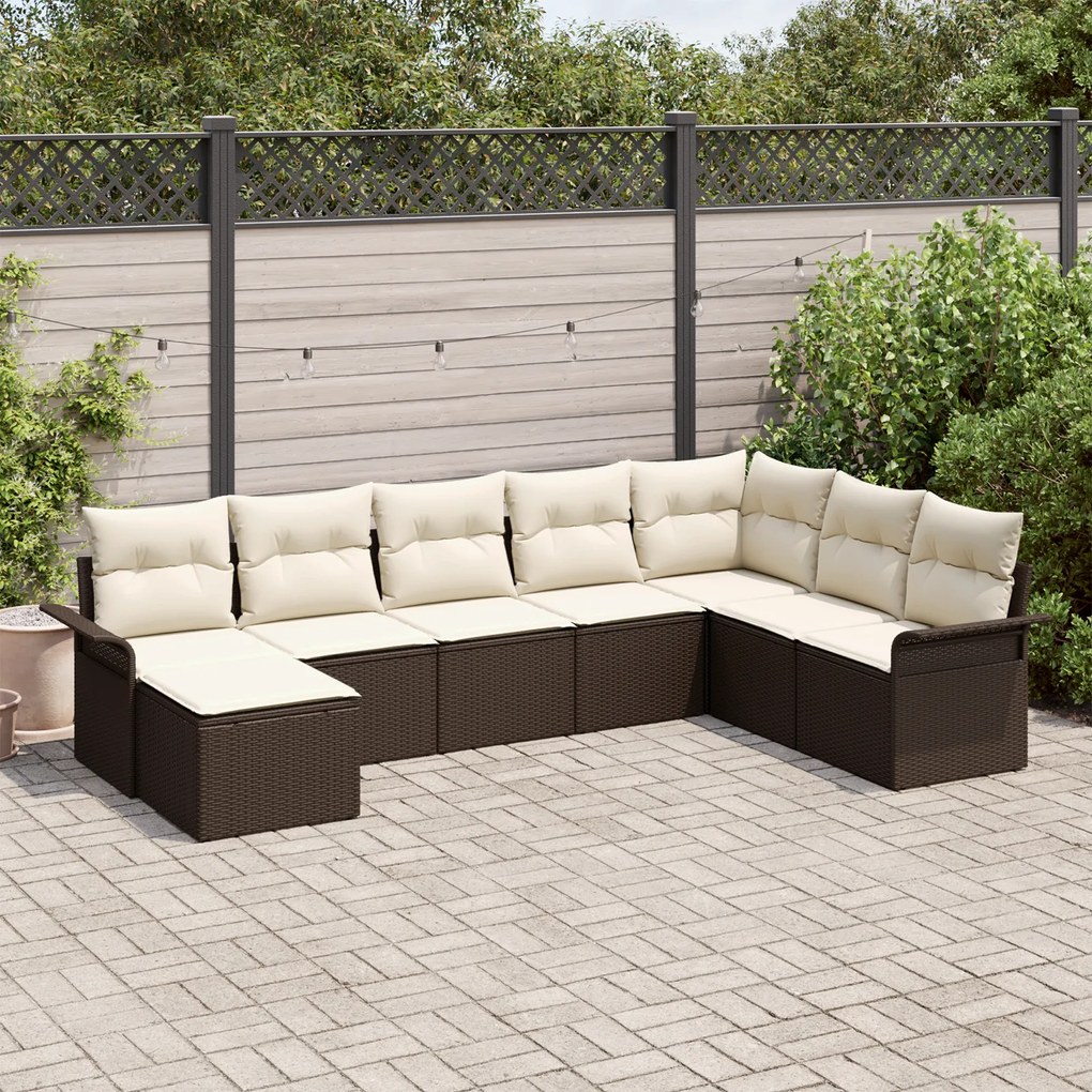 vidaXL Conjunto de Sofás de Jardim com 8 Peças e Almofadas Marrom Vime Poliéster