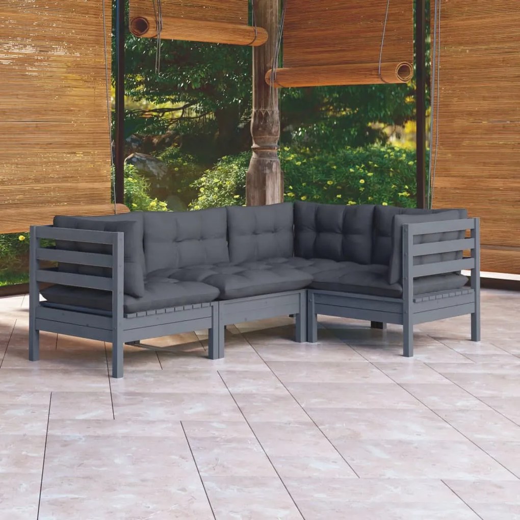vidaXL 4 pcs conjunto lounge de jardim c/ almofadões pinho cinza