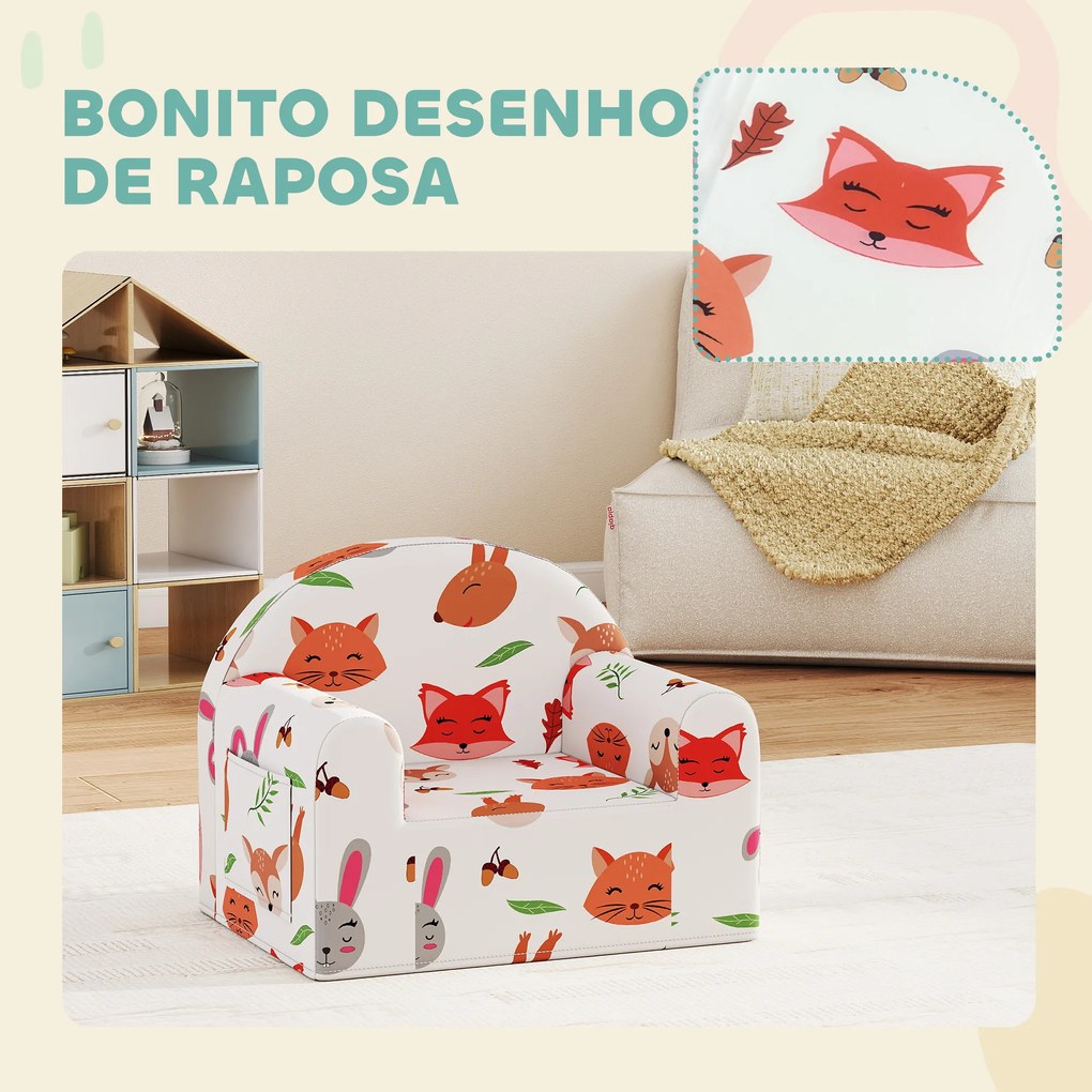 Sofá para Crianças com Estampa de Raposas com Capa Removível e Lavável Bolso Lateral Apoio de Braços 54x40x43 cm Branco