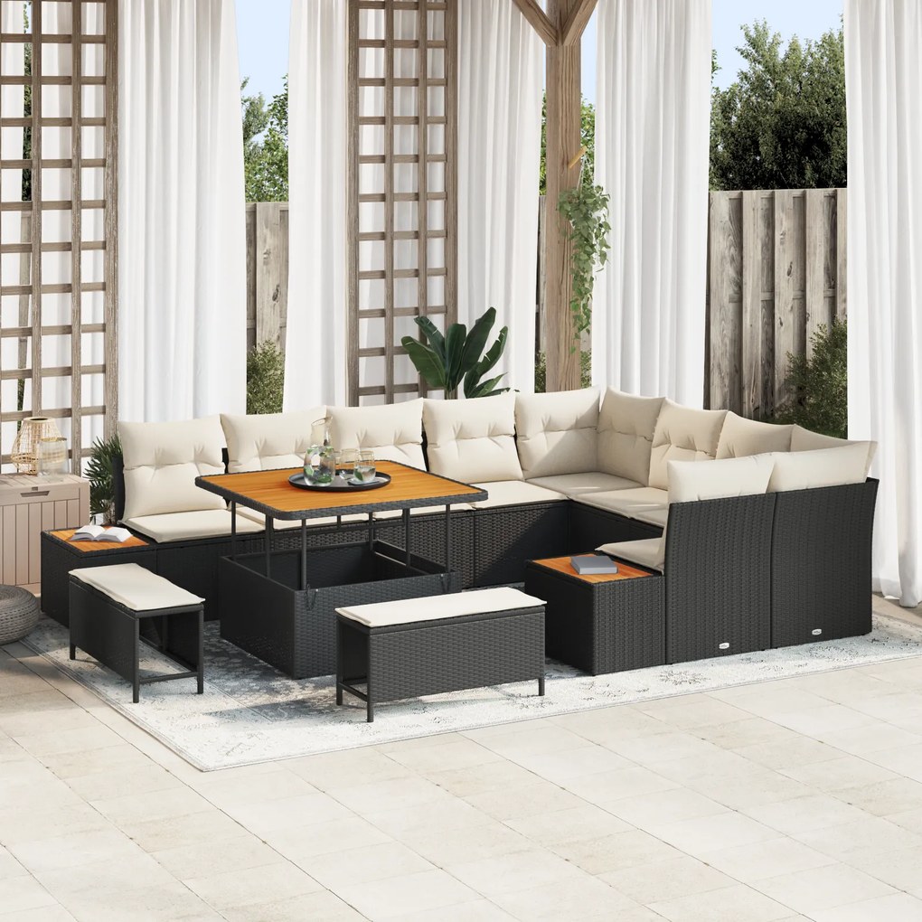 Conjunto de Sofá de Jardim vidaXL 12 Peças com Almofadas Preto Vime Ac