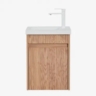 Conjunto De Móvel De Casa De Banho Suspenso Em Madeira Com Lavatório Integrado Narek Sem Espelho & Castanho Fresno & Branco ↑20 Cm Com Válvula De Dren