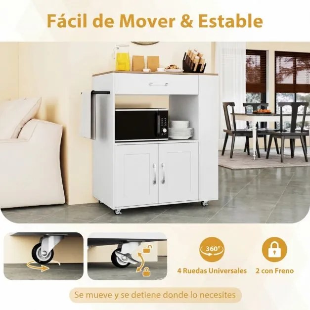 Carrinho de cozinha 75 x 46 x 90,5 cm com Estação de carregamento e rodas com travão Cesto duplo Branco + Natural
