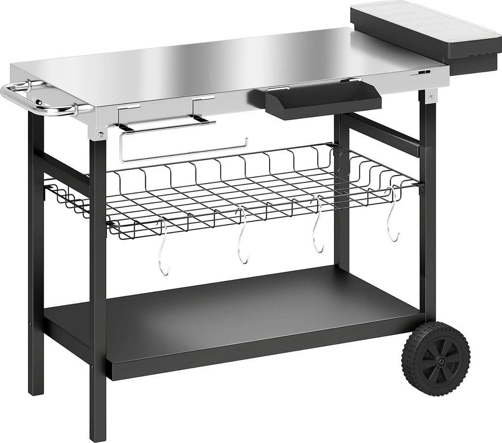 Outsunny Carrinho de Jardim de 3 Níveis, Tampo em Aço Inoxidável, Rodas, Ganchos, Cesto Removível, Pega Lateral, 114x61x81cm, Preto | Aosom Portugal