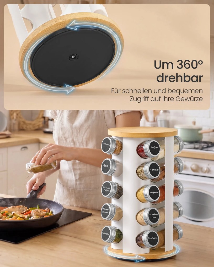 Estante giratória para especiarias,, 20 frascos 18 cm de diâmetro, 33,5 cm de altura branco e bege natural
