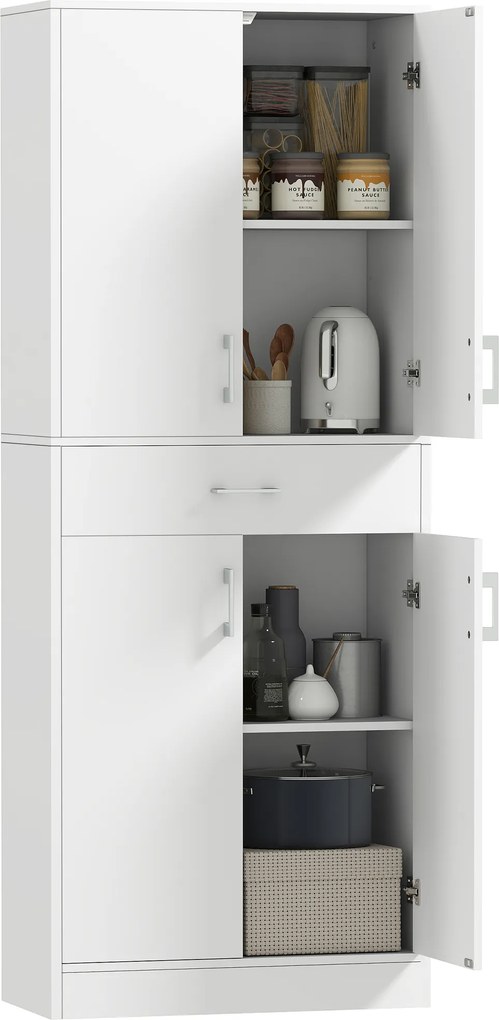 Armário de cozinha alto com 4 portas, 2 compartimentos e 1 gaveta central, altura de 180 cm, com 2 prateleiras ajustáveis, branco