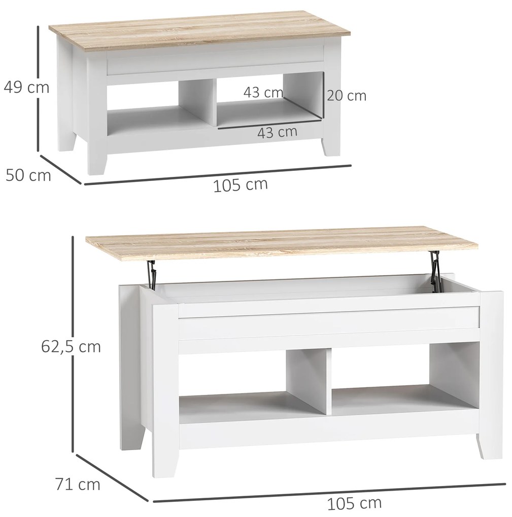 Mesa de Centro com Bancada Elevável 2 Compartimentos Abertos Bancada de Madeira 105x50x49 cm Branco e Madeira