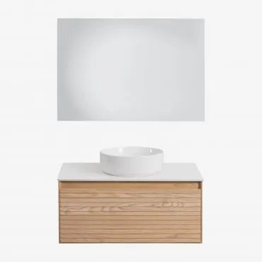 Conjunto De Móvel De Casa De Banho Em Madeira De Freixo Tedrik Castanho Fresno & Cerâmica Redonda Branca Ø40 Cm Lenka & - Sklum