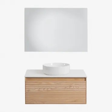 Conjunto De Móvel De Casa De Banho Suspenso 80x50 Cm Em Madeira De Freixo Tedrik Castanho Fresno & Cerâmica Redonda Branca Ø40 Cm - Sklum