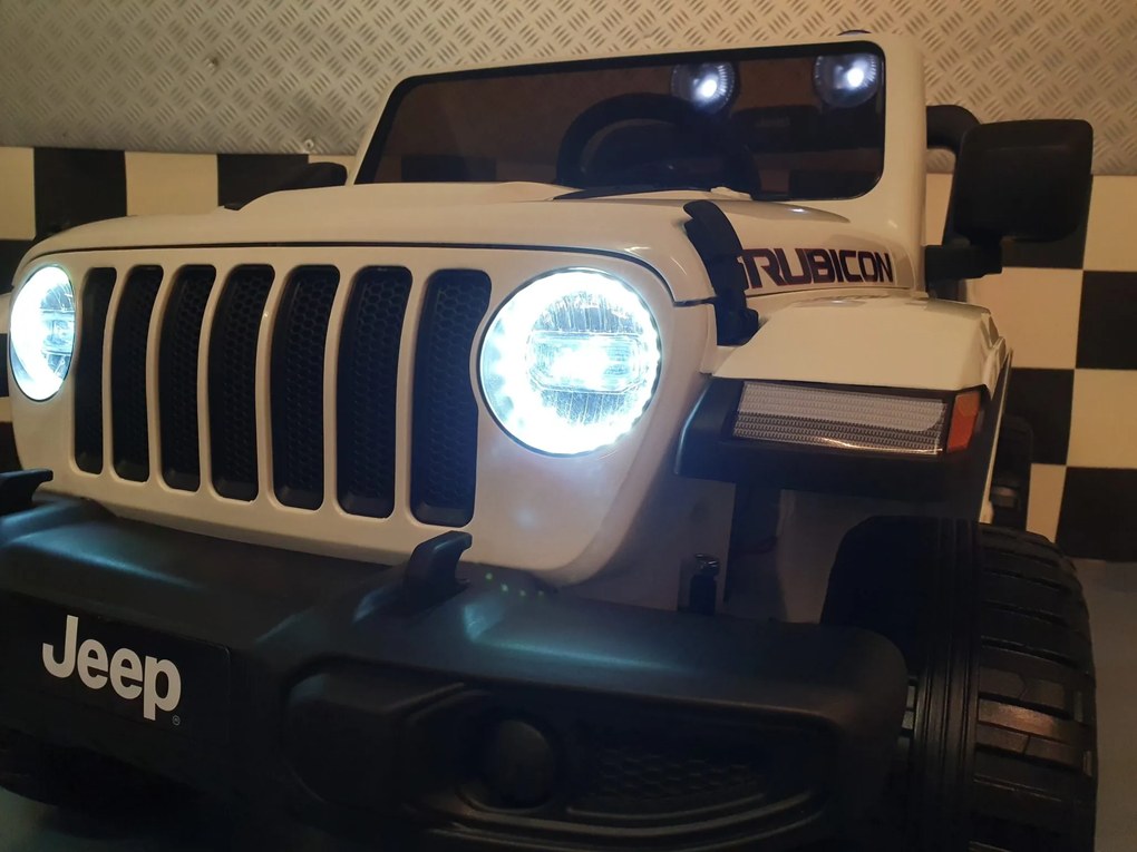 Jeep Wrangler bateria carro infantil 12V 4x4 controlo remoto, Pneus Borracha, Assento em pele sintetica branco