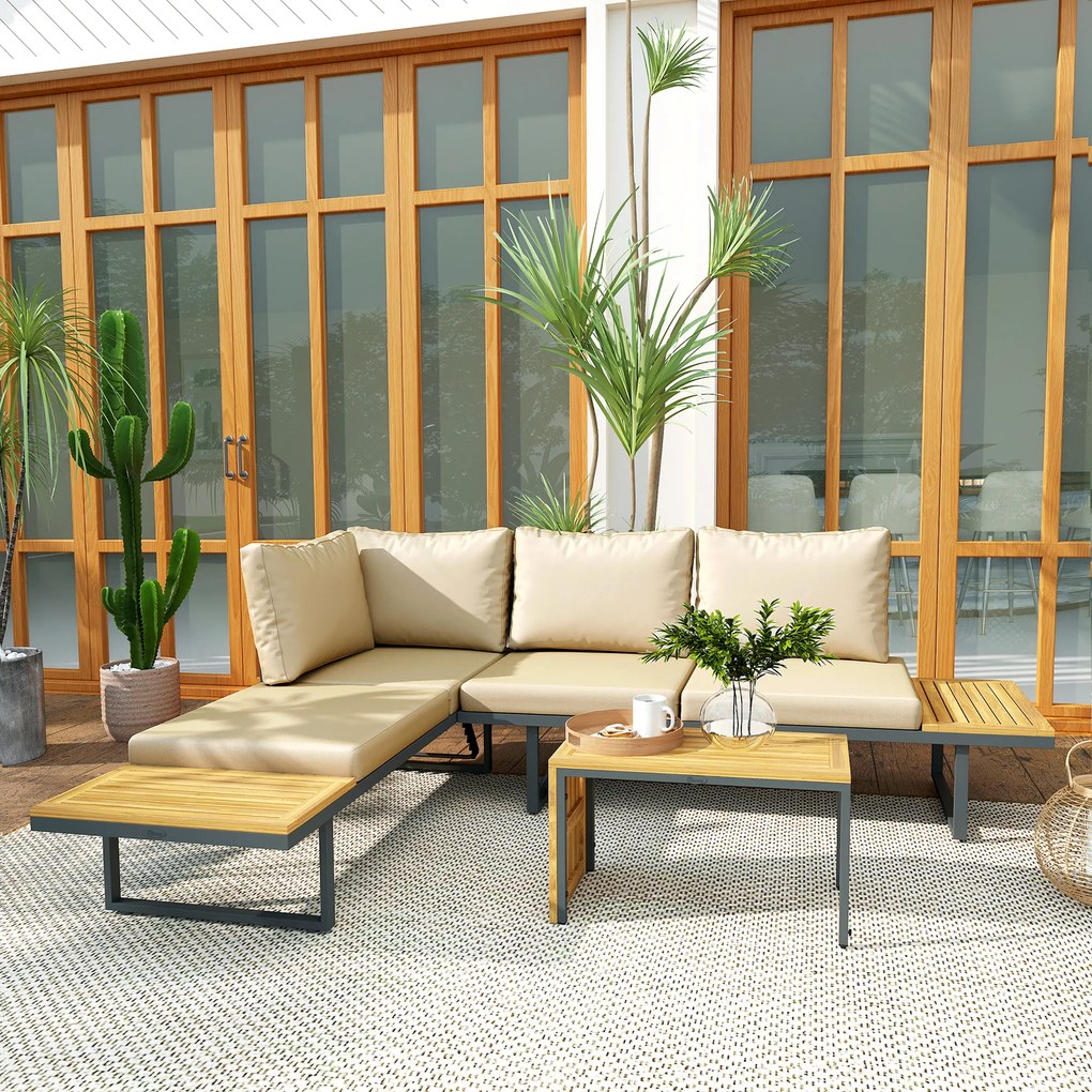 Conjunto de Móveis de Jardim Sofás de Exterior em Forma de L com 2 Sofás de 3 Lugares Assento Ajustável e Mesa Bege e Cinza