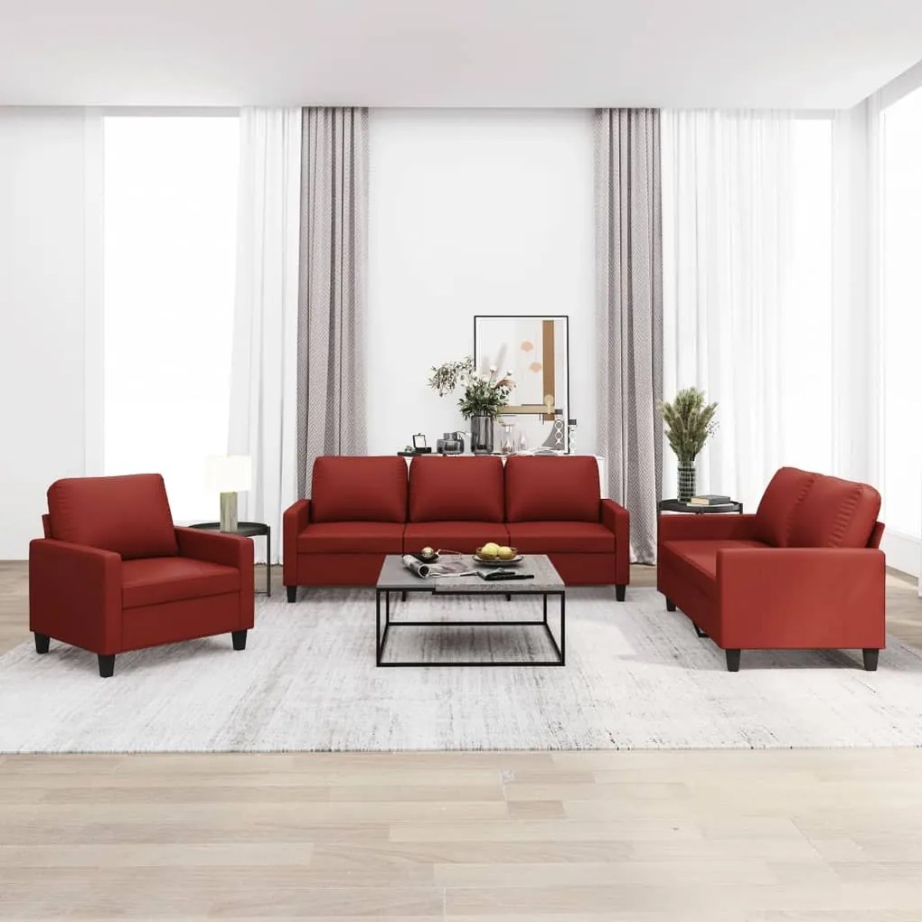 vidaXL 3 pcs conjunto sofás c/ almofadões couro artif. vermelho tinto