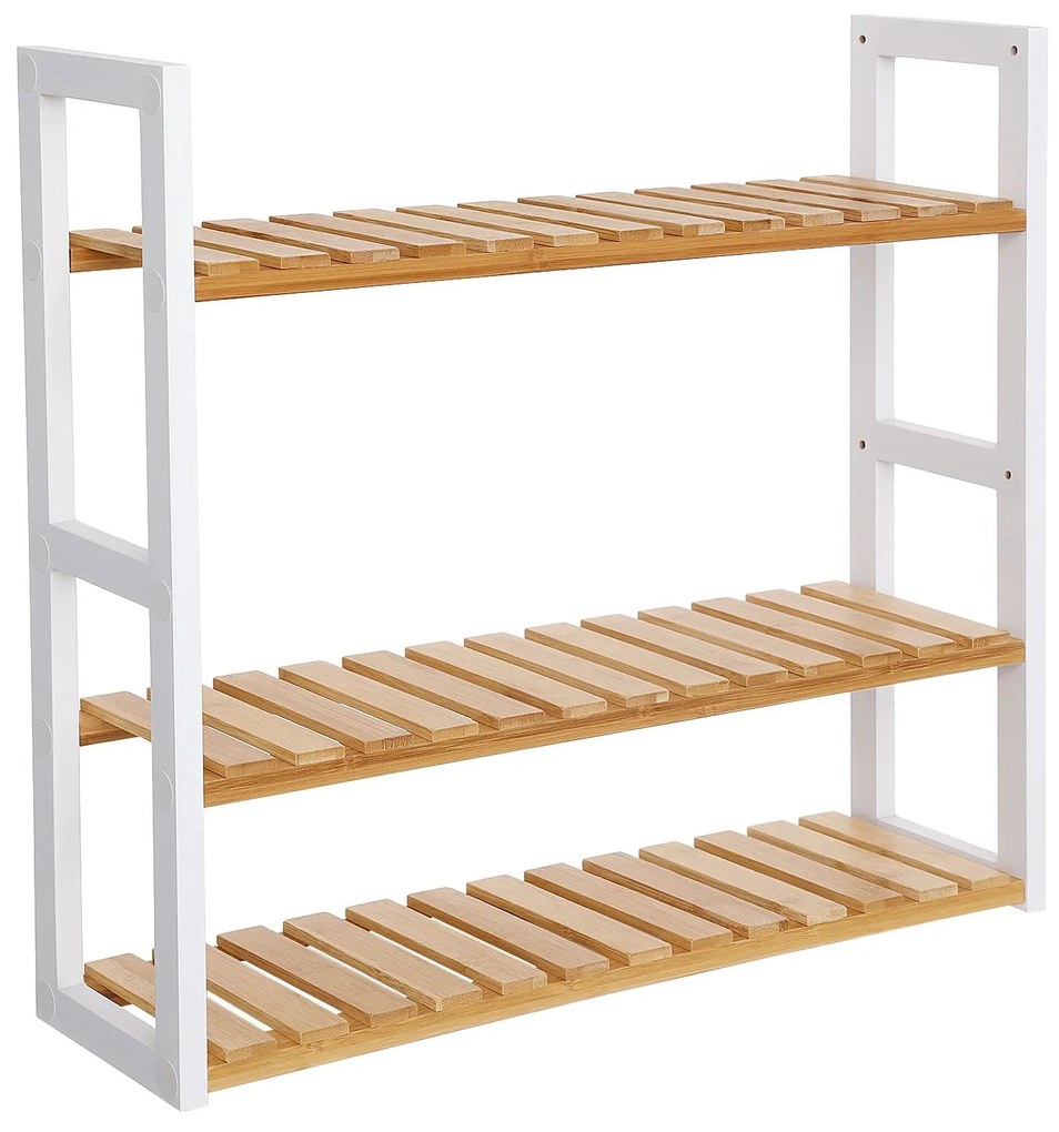 Prateleira de banheiro de bambu SONGMICS, rack de plantas ajustável de 3 camadas, montado na parede ou suporte, na sala de estar, varanda, cozinha, natural e branco BCB13WN