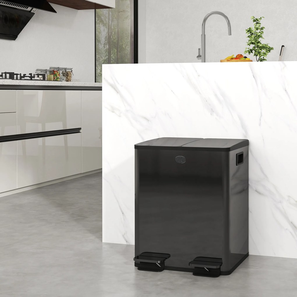 Caixote do lixo de cozinha com 2 compartimentos de 2 x 20 L, aço inoxidável, tampa com fecho suave, 45,8 x 36 x 51,6 cm, preto