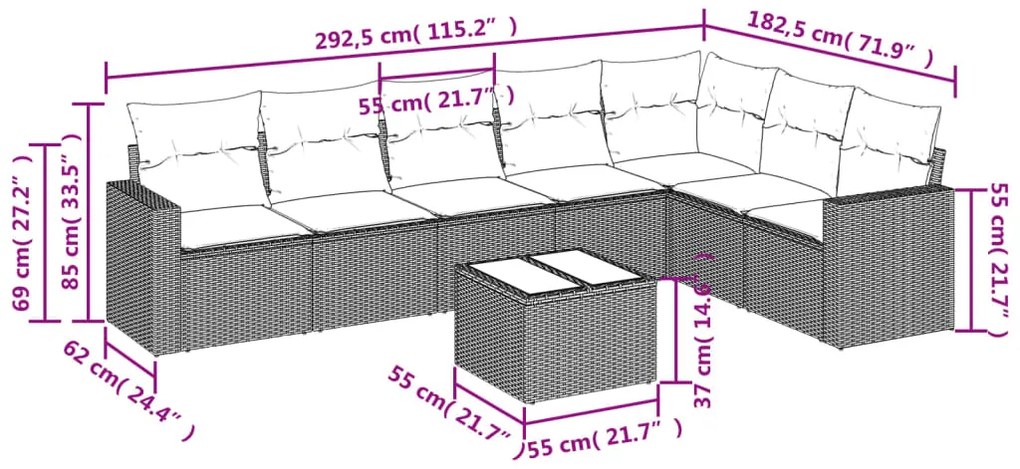 8 pcs conjunto de sofás p/ jardim com almofadões vime PE bege