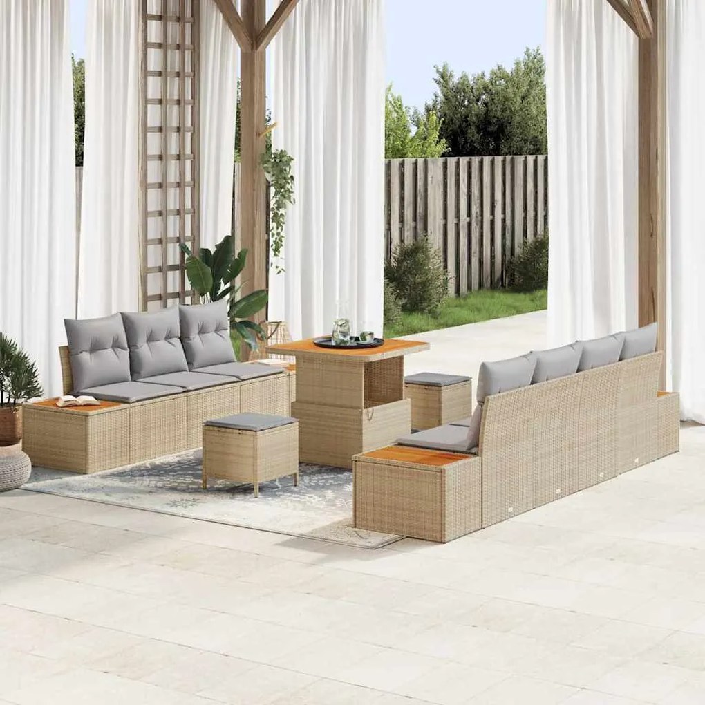 vidaXL Sofá de Jardim de 10 Peças com Almofadas Bege em Rattan Sintético e Madeira de Acácia