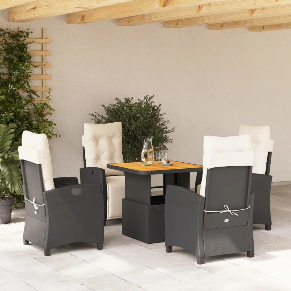 5 pcs conjunto de jantar p/ jardim c/ almofadões vime PE preto