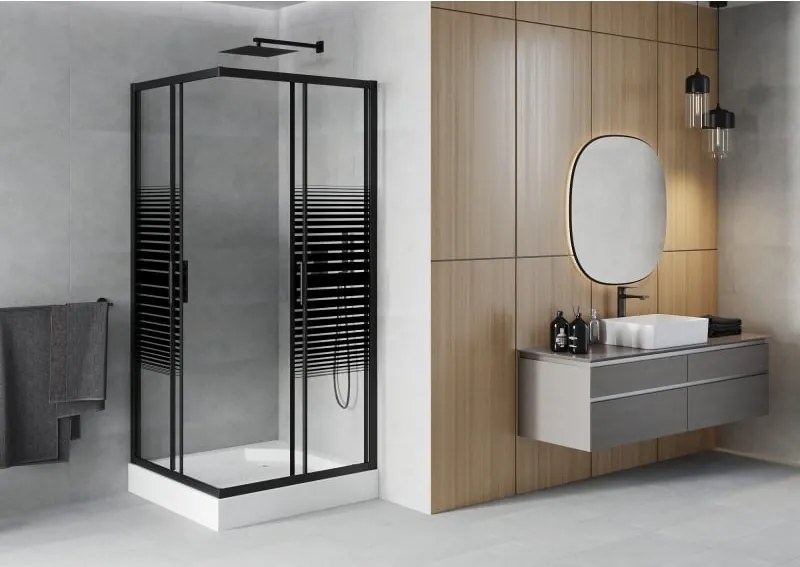Mexen Rio cabina de duche quadrada 90 x 90 cm, faixas pretas, preta + base de duche, branca - 860-090-090-70-20-4510