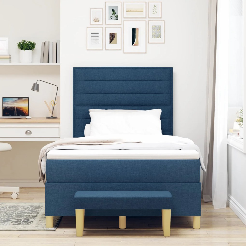 Cama Box Spring com Colchão &amp; Banco Azul 120x200 cm Tecido