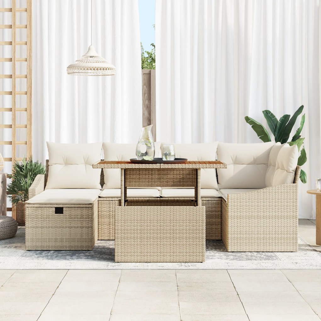 Conjunto de Sofás para Jardim de 7 Peças com Almofadas Bege de Rattan