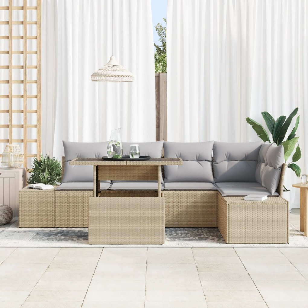 Conjunto de Sofá de Jardim de 6 Peças com Almofadas Bege em Rattan Sin
