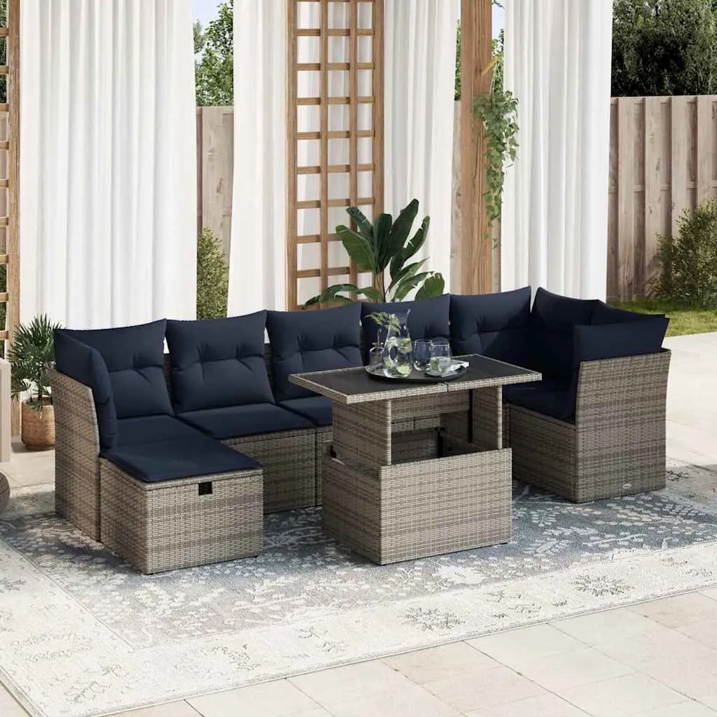 8 pcs conj. sofás jardim c/ almofadões vime PE/acácia castanho