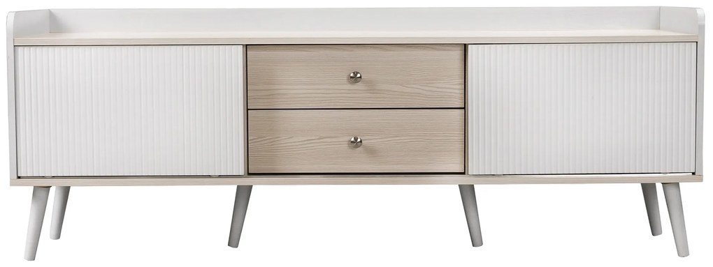 Móvel para TV com 2 Gavetas e 2 Portas Deslizantes,160x40x58cm, Branco e Cor Natural