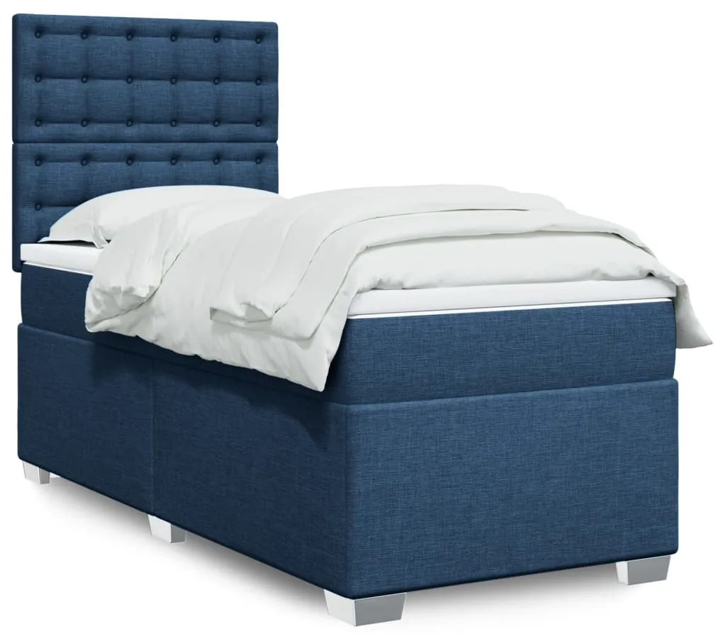 vidaXL Cama com molas/colchão 90x200 cm tecido azul