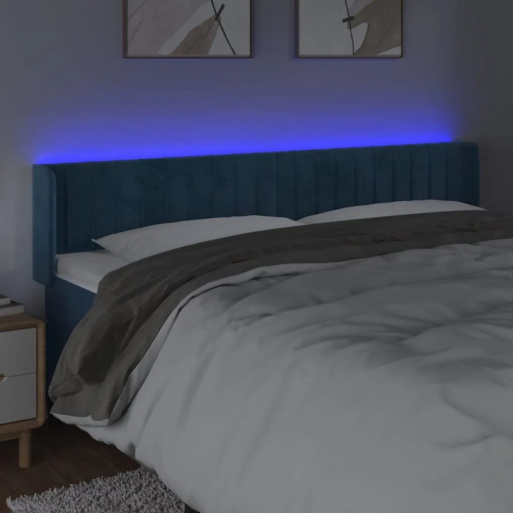 Cabeceira cama c/ luzes LED veludo 203x16x78/88 cm azul-escuro