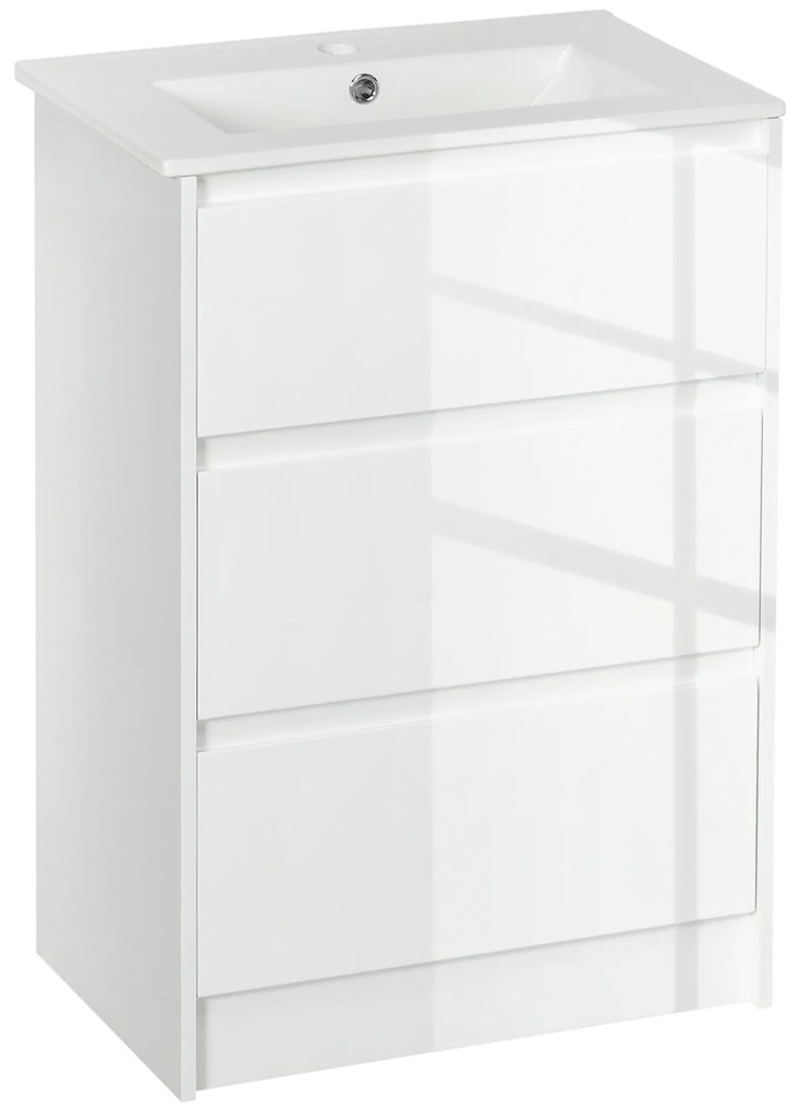 Móvel de Casa de Banho com Lavatório Armário Casa de Banho de Cerâmica Sintética com 2 Gavetas 61x37x88 cm Branco Brilhante