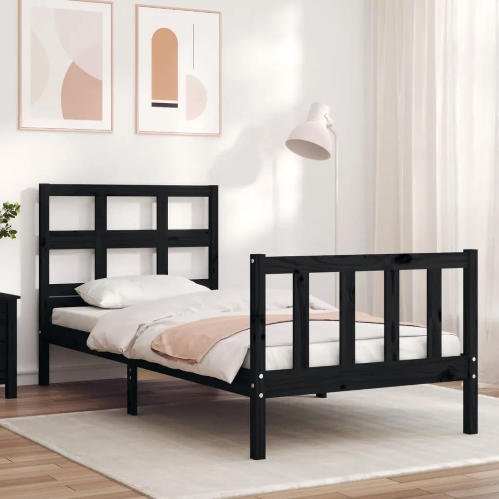 Estrutura de cama com cabeceira 100x200 cm madeira maciça preto