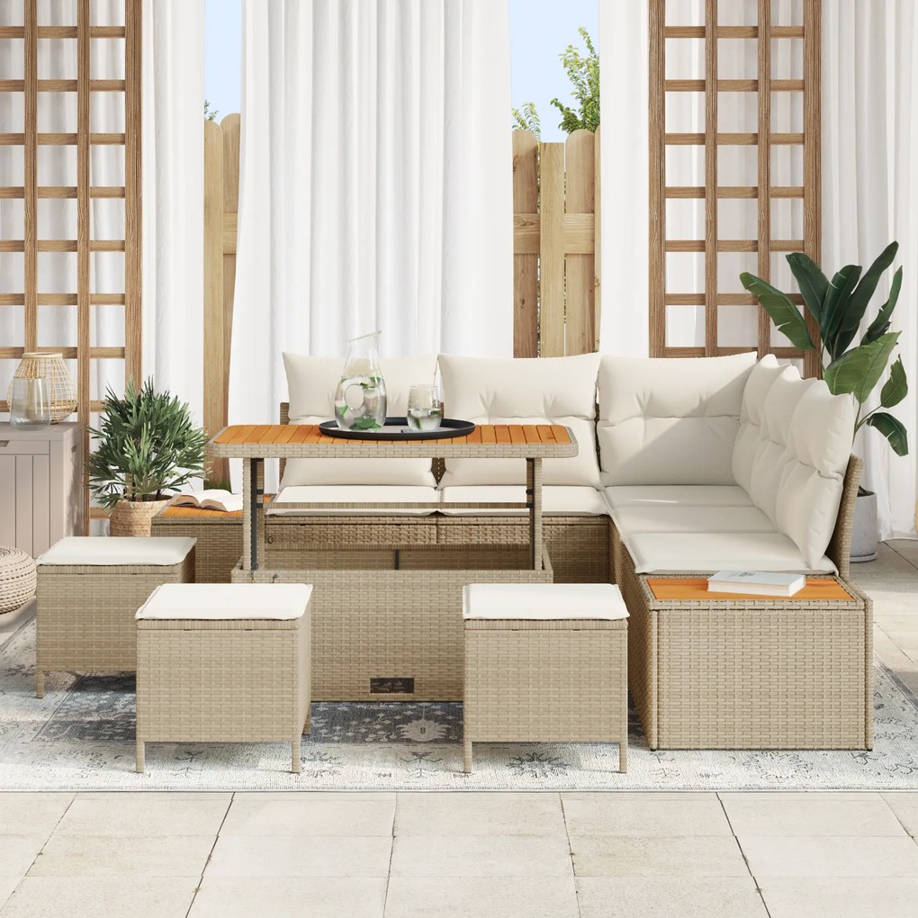 Conjunto de Sofá de Jardim vidaXL de 9 Peças com Almofadas Bege Rattan