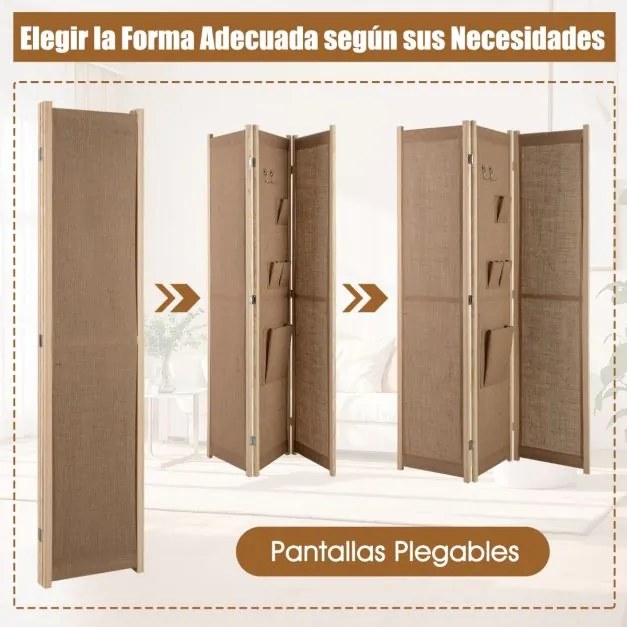 Biombo divisória de privacidade dobrável 4 painéis com sacos de arrumação Ganchos para casa escritório Bege