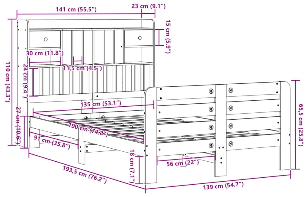 Cama com estante sem colchão 135x190 cm pinho maciço