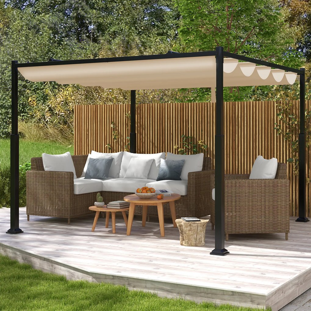 Pérgula jardim com toldo retrátil 310 x 310 cm, colunas metálicas de alta resistência, Bege + Preto