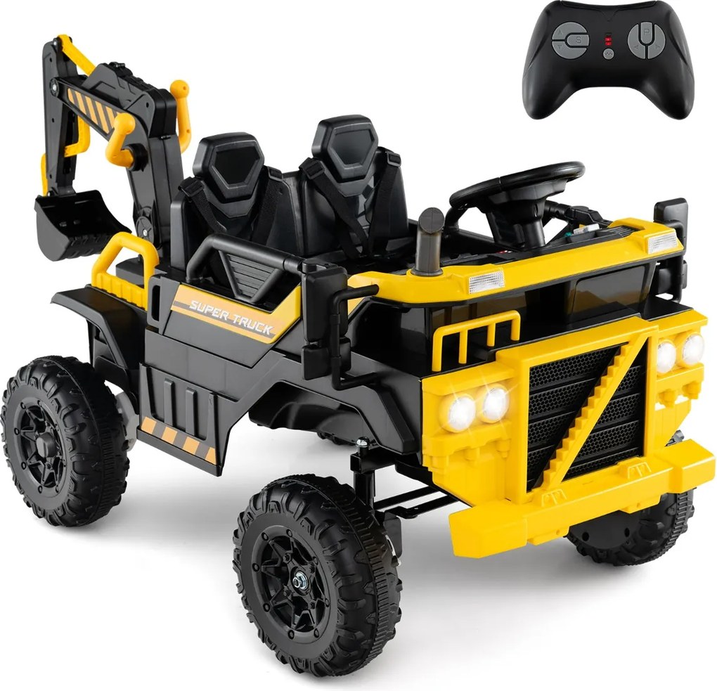 Escavadora elétrica 24 V, 4x4, para crianças com comando à distância, música, luzes, braço de escavação amarela