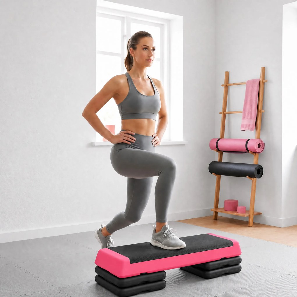 Step Aeróbico Antiderrapante para Fitness com 3 Níveis de Altura 77x36x20,5 cm Rosa e Preto