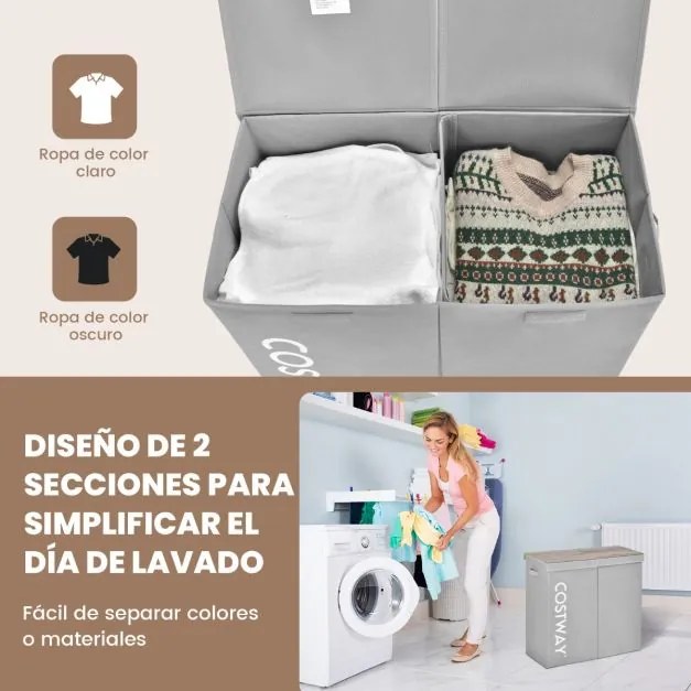 Cesto de Roupa suja com Tampa 115 L Cesto de Roupa com 2 Secções para Lavandaria Casa de Banho Quarto 62 x 31 x 60 cm Cinzento