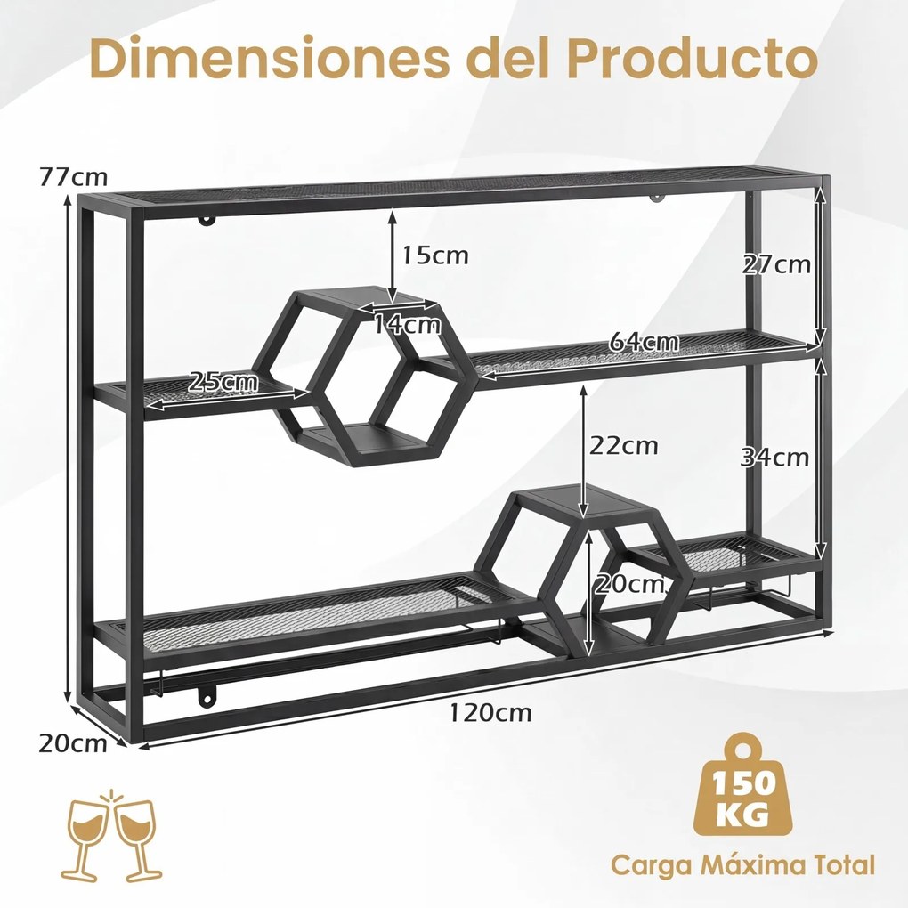Garrafeira de Parede, 120 x 20 x 77 cm, Suporte para Copos, Preto