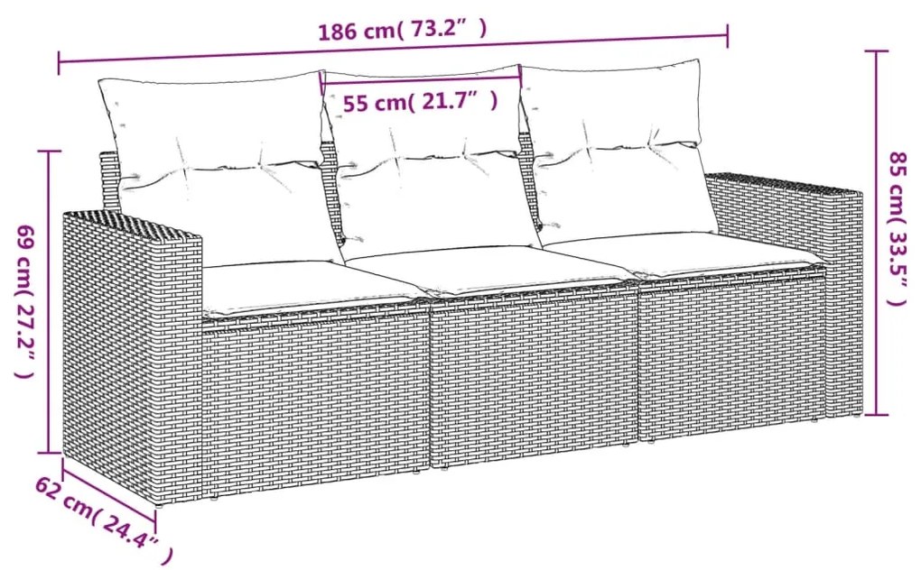 3 pcs conj. sofás jardim c/ almofadões vime PE cinzento-claro