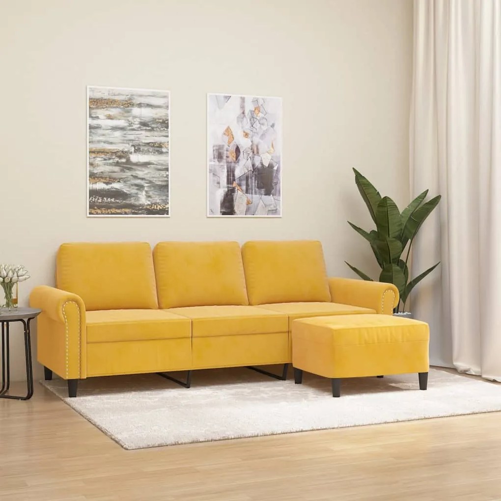 vidaXL Sofá de 3 lugares com apoio de pés 180 cm veludo amarelo-claro