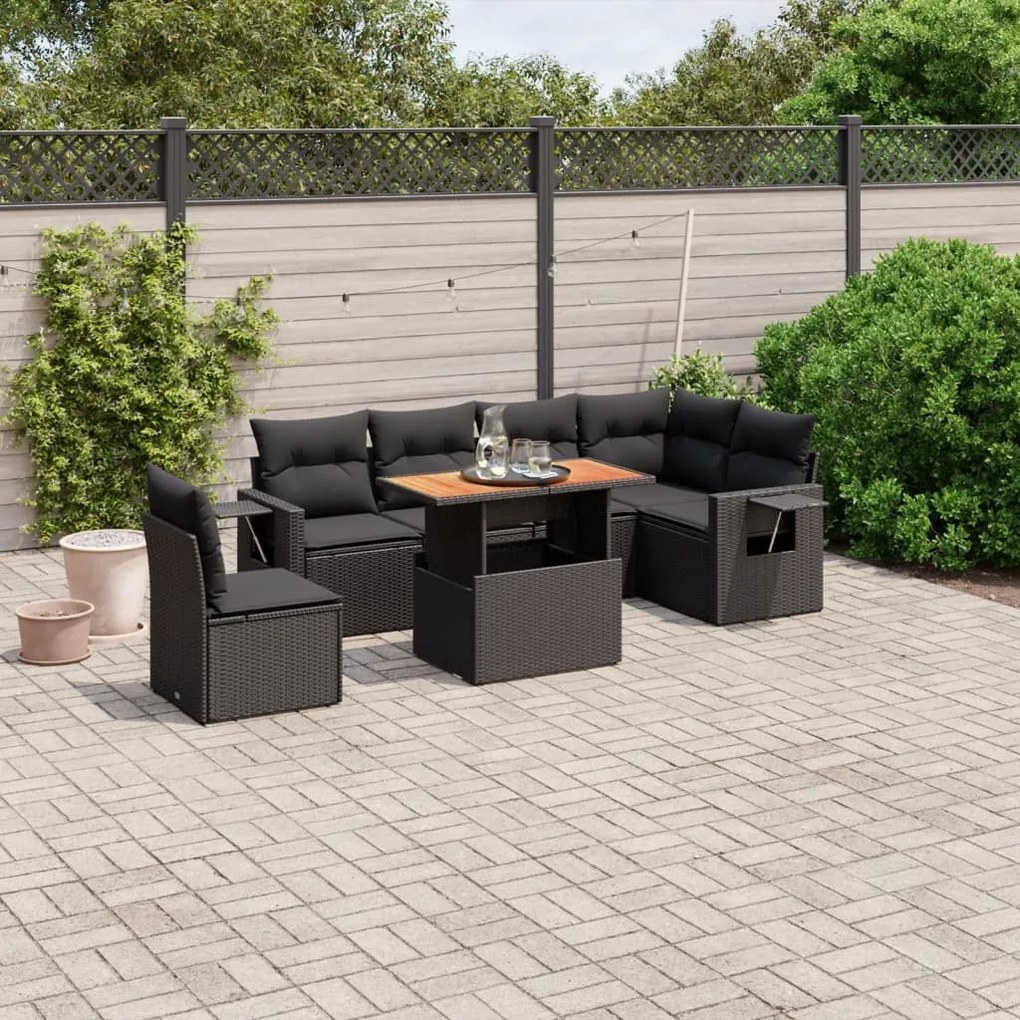 7 pcs conjunto de sofás p/ jardim c/ almofadões vime PE preto