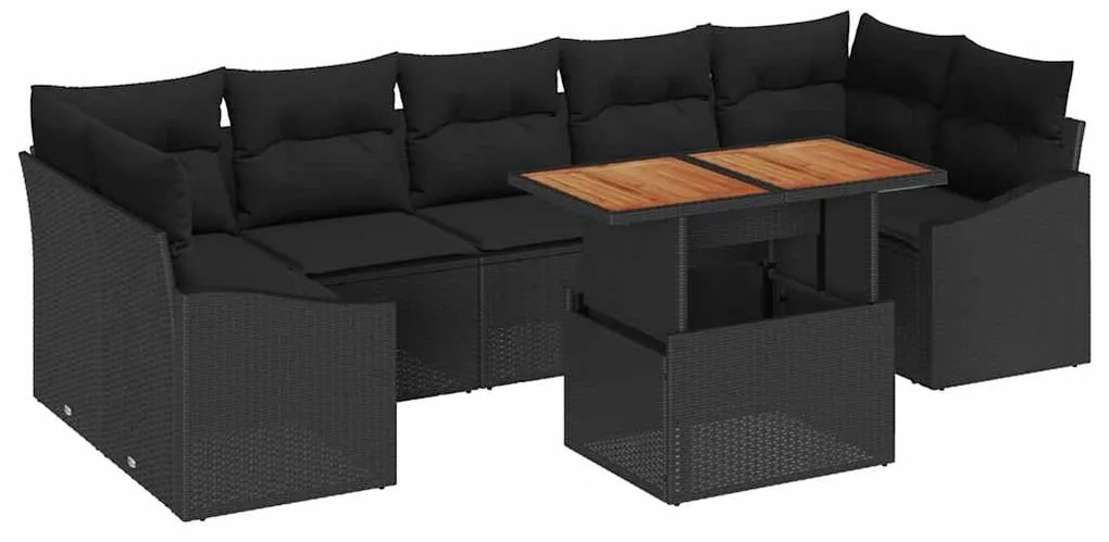 Conjunto de Sofá de Jardim de 8 Peças com Almofadas Preto Rattan Polié
