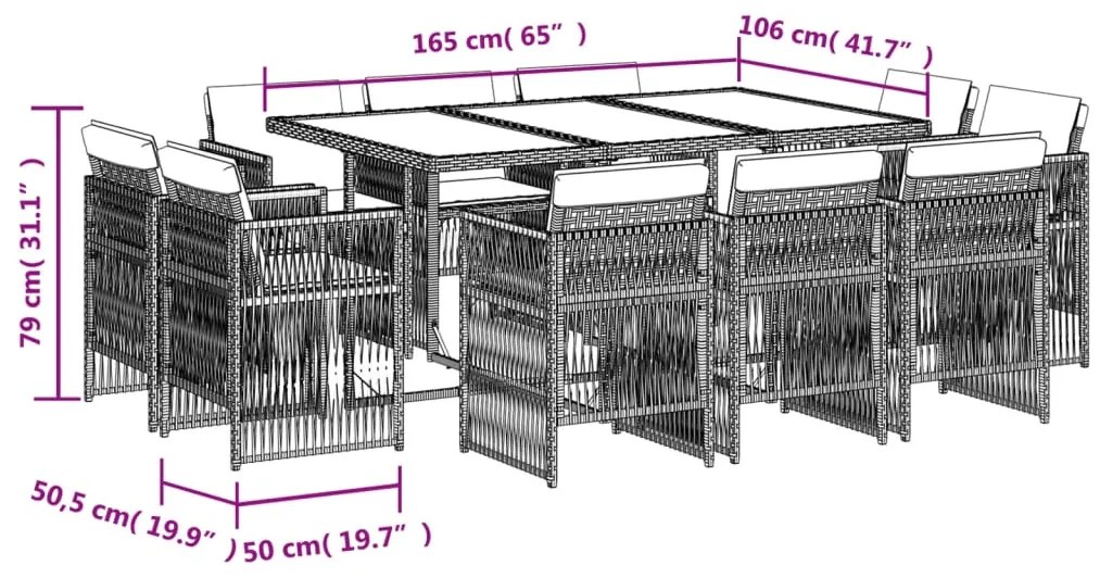 11 pcs conjunto de jantar p/ jardim c/ almofadões vime PE preto