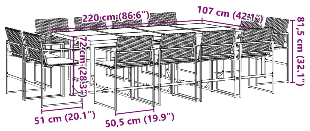 13 pcs conjunto de jantar p/jardim com almofadões vime PE preto