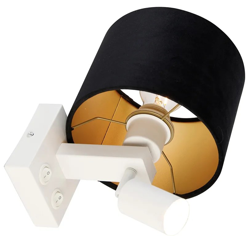 Candeeiro de parede branco com luz de leitura e abajur 18 cm preto - Brescia